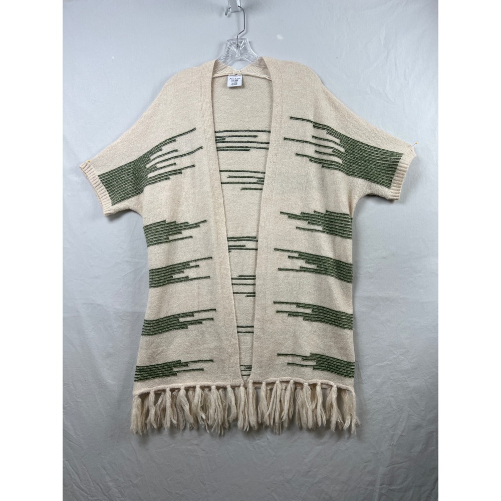 Anna & Ava Cardigan Sweater Womens One Size Cream Green Fringe Boho Knit Kimono